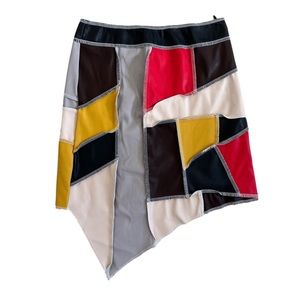 Akira Mix Pu Patch Asymmetrical Faux Leather Mini Skirt Black Multi Color NWT  M